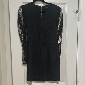 French Connection Fitted Black Dress with Sequin Sleeves